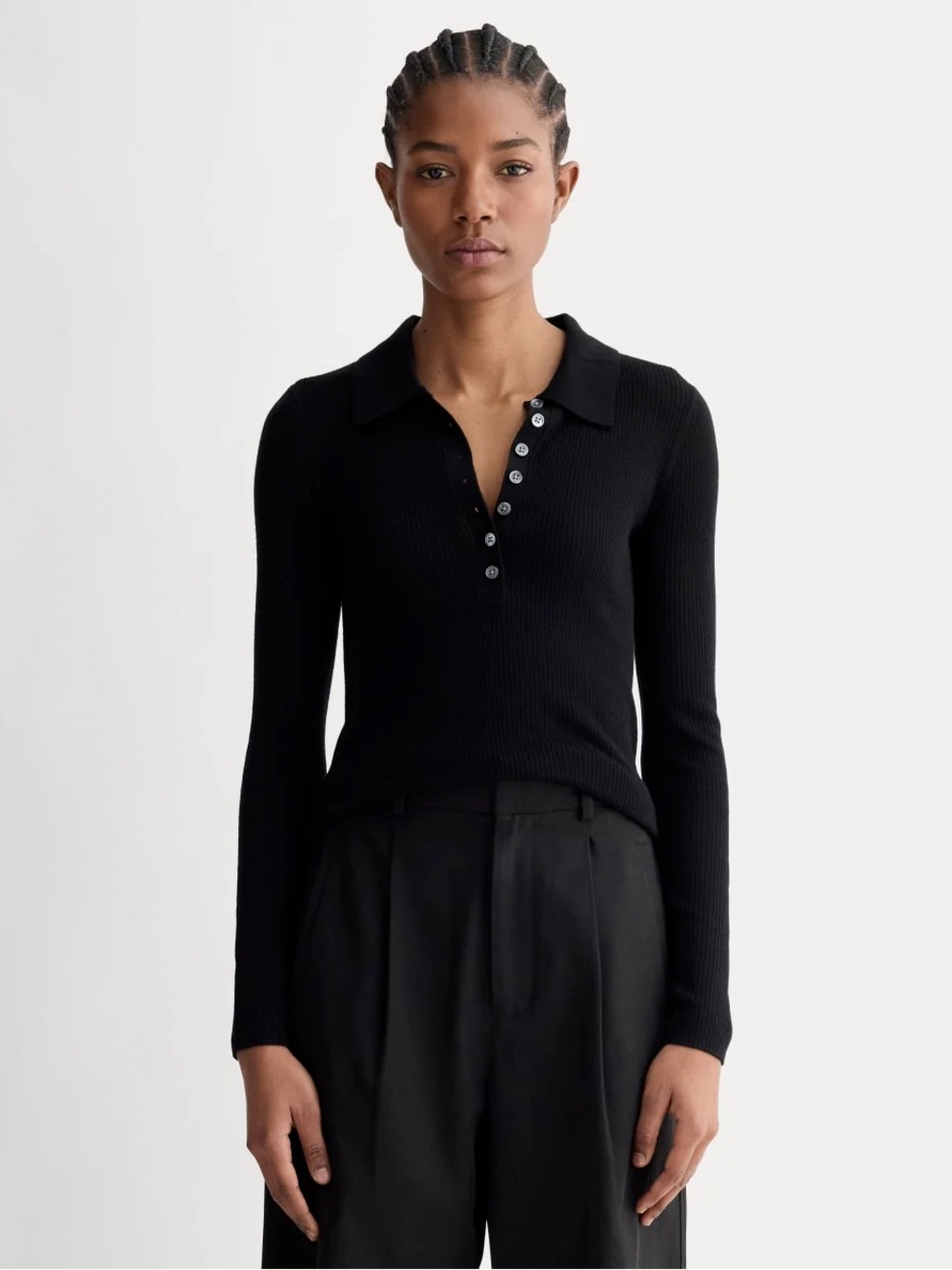 Everlane Black Ribbed Long-Sleeve Polo Merino Sweater